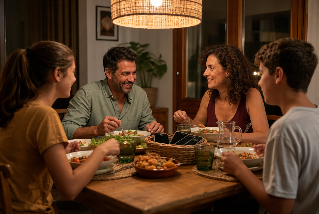Familia cenando con los móviles guardados en una cesta de mimbre