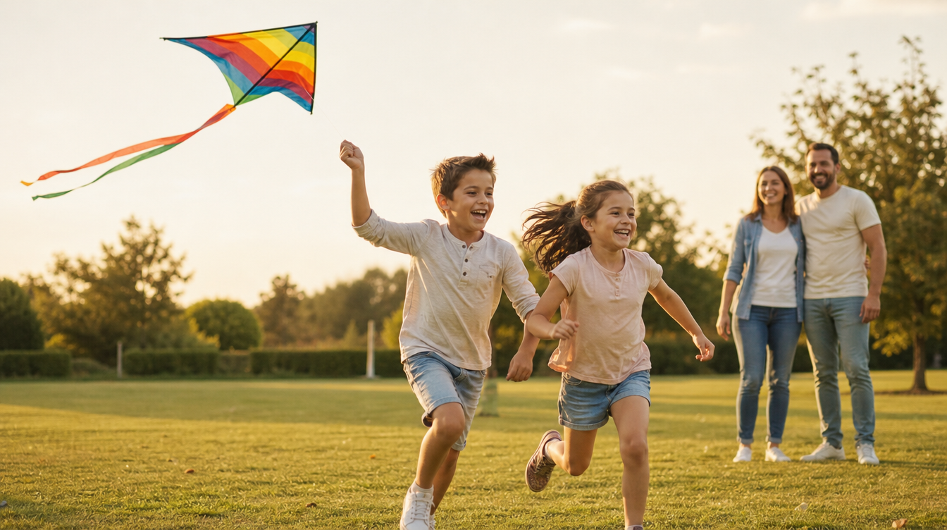 Niños jugando felices con una cometa en el parque al atardecer